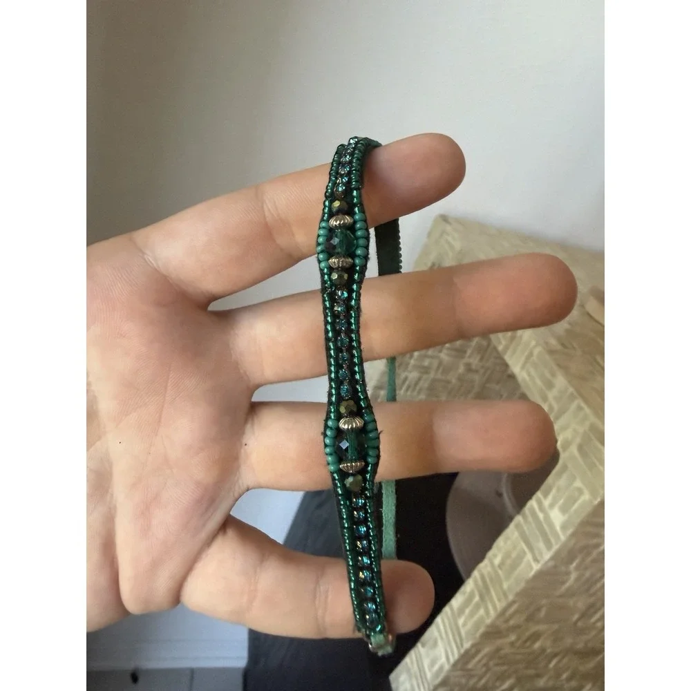 Emerald Green Beaded Bracelet Teal Crystal Adjustable Suede Cord Boho Bracelet
